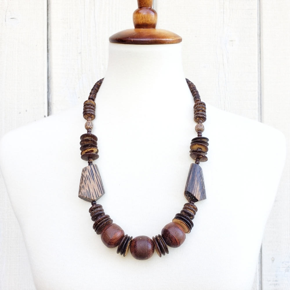 Vintage 17" Wooden Bead Statement Boho Necklace